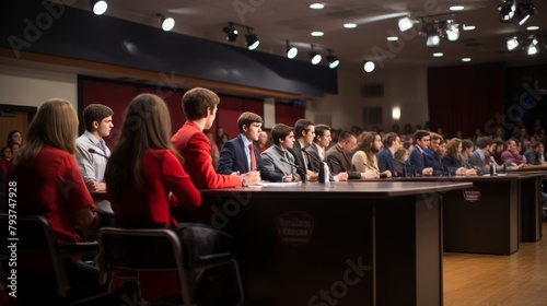 A diverse group of people sitting at a table, engaging with a captivated crowd during a discussion or presentation