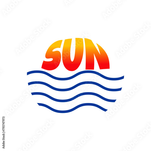 Logo vacaciones de verano. Paisaje con palabra Sun como sol con olas de mar