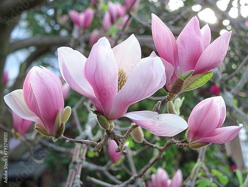 Beautiful pink magnolia tree in full bloom with green leaves under clear blue sky.