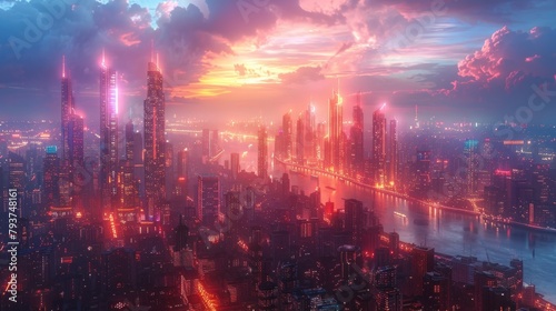 Futuristic cityscape with neon lights and skyscrapers amidst clouds at sunset