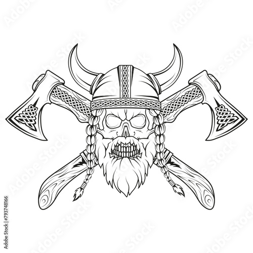 Set of various elements on the theme of the Vikings. Hand drawn of a viking in a helmet. Sketch of viking head with traditional weapons. Traditional ornament for your use. Vector artwork.