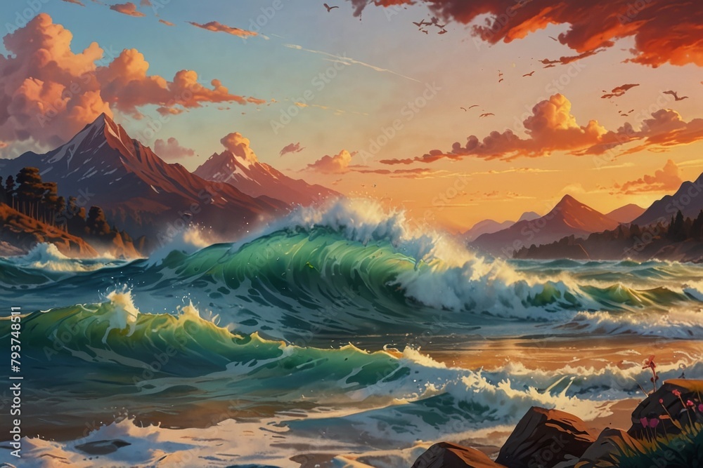 illustration of high waves and mountains with sunset in the background