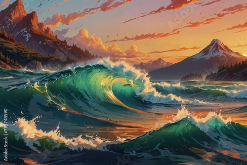 illustration of high waves and mountains with sunset in the background
