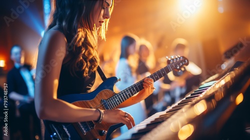 A woman plays guitar while standing in front of a keyboard, creating a harmonious blend of acoustic and electronic music