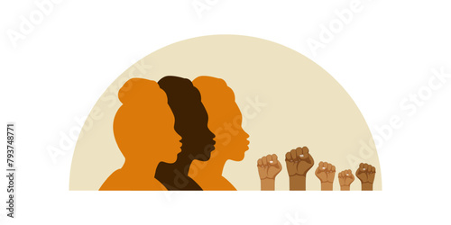 Vector illustration of Black people silhouette with raising hands on transparent background