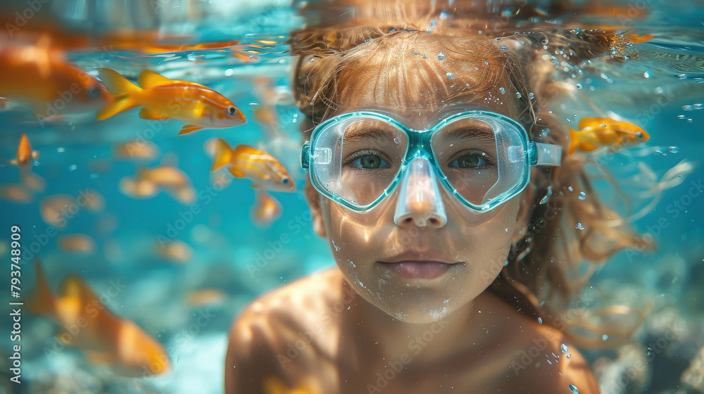 Fototapeta premium girl in a diving mask with a snorkel swims underwater, ocean, sea, marine, fish, water, woman, portrait, face, scuba, summer, sport, dive, vacation, blue water, world, head, coral reef, travel