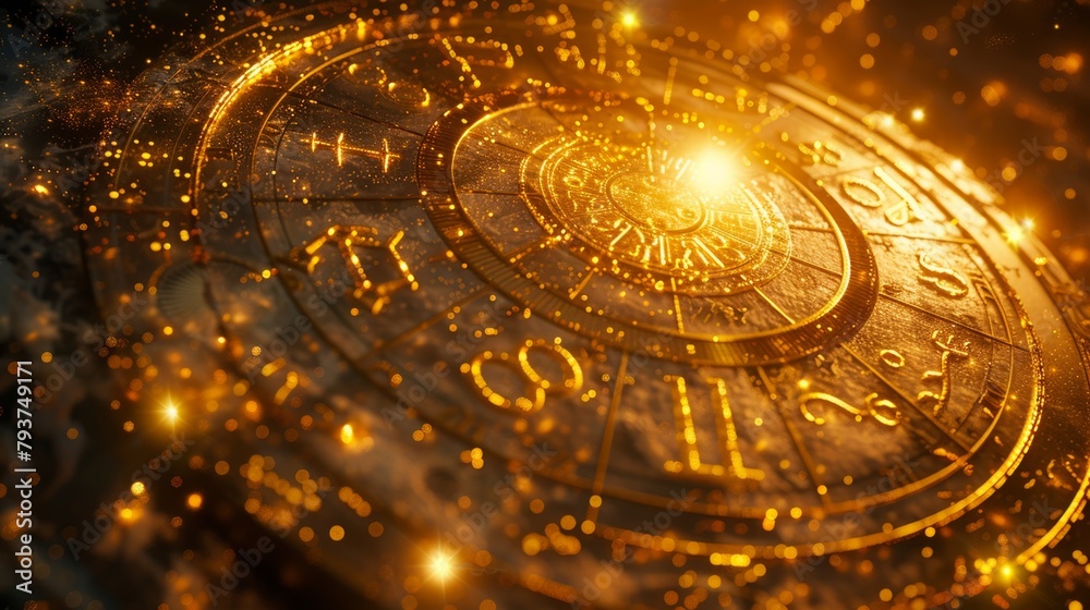 Golden astrological signs encircling a radiant sun in a dark cosmos to illustrate horoscope divination