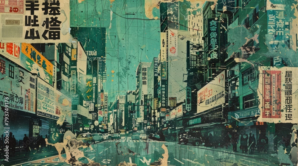 Vintage grunge green collage poster with asian cityscape. Different textures and shapes	
