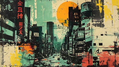 Vintage grunge green collage poster with asian cityscape. Different textures and shapes 
