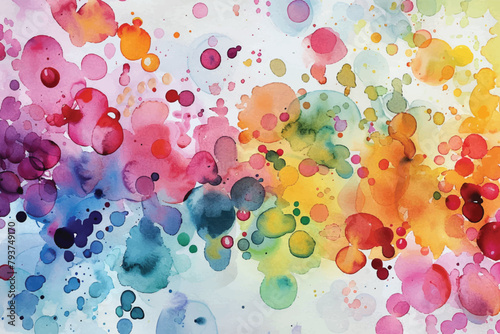 Abstract shapes dance in a vibrant symphony of watercolor droplets, forming a dreamlike scene.