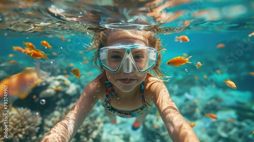 girl in a diving mask with a snorkel swims underwater, ocean, sea, marine, fish, water, woman, portrait, face, scuba, summer, sport, dive, vacation, blue water, world, head, coral reef, travel © Julia Zarubina