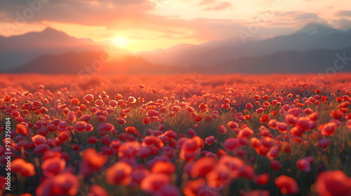 Field of poppies at sunset. Beautiful background for a banner for Memorial Day or Independence Day photo