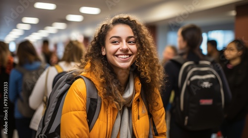 A joyful woman with curly hair in a yellow jacket smiles warmly at the camera photo
