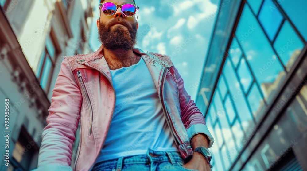 Adult man with beard dressed in bold jacket and jeans, hipster guy in multicolored glasses and vivid clothes standing outdoor on city street, AI generated Adult man with beard dressed in bold jacket and jeans, hipster guy in multicolored glasses and vivid clothes standing outdoor on city street, AI generated