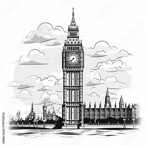 Big Ben hand-drawn comic illustration. Big Ben. Vector doodle style cartoon illustration