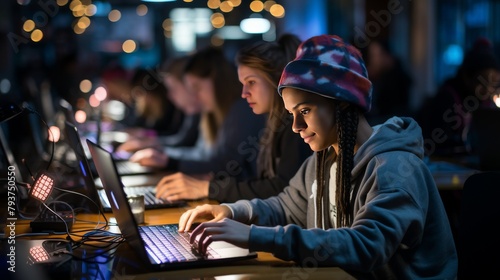 A diverse group of people working on laptops together at a table