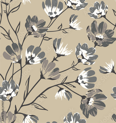 Big flowers pattern, upscale floral pattern. graphical textures floral, trendy colors pattern , flowers background with leaves. vector illustration.