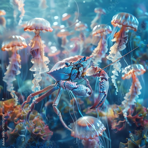 Imagine a crab conducting an underwater orchestra of jellyfish playing instruments made of seashells, in a surreal 3D rendering with a touch of glitch art for a unique visual twist