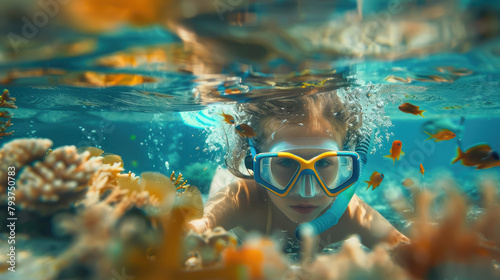 girl in a diving mask with a snorkel swims underwater, ocean, sea, marine, fish, water, woman, portrait, face, scuba, summer, sport, dive, vacation, blue water, world, head, coral reef, travel © Julia Zarubina