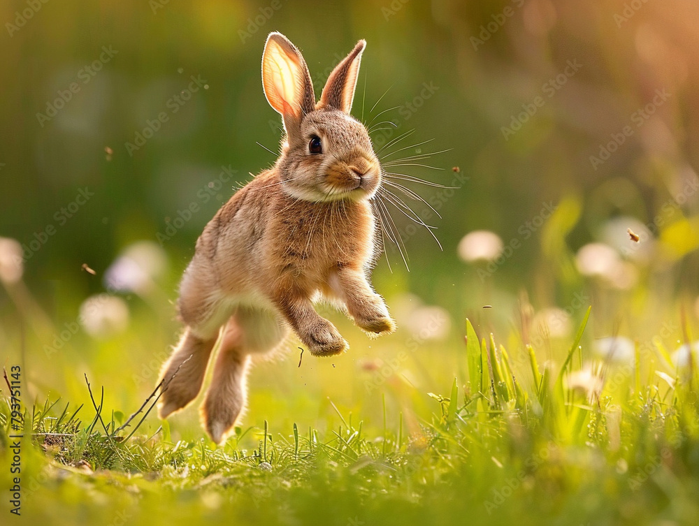 A cute bunny with white fur hopping gracefully through a lush green field under sunlight.