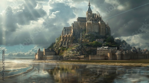 Stunning vista of Mont Saint-Michel in France with dramatic skies and tourists exploring