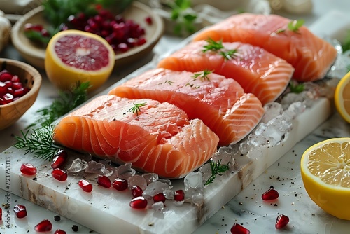 Fresh Salmon and Garnishes Arranged in Vivid Composition