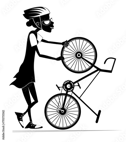 Cyclist woman and a broken bicycle. Cyclist woman repairs the bicycle. 
Cyclist woman repairs wheel on the bicycle. Black and white illustration
