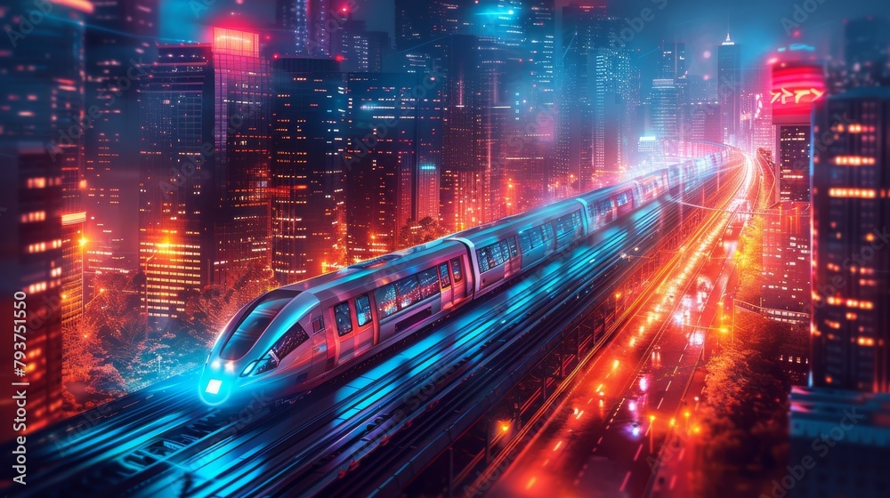 Futuristic train gliding through a lush cityscape: A blend of nature and modern transportation