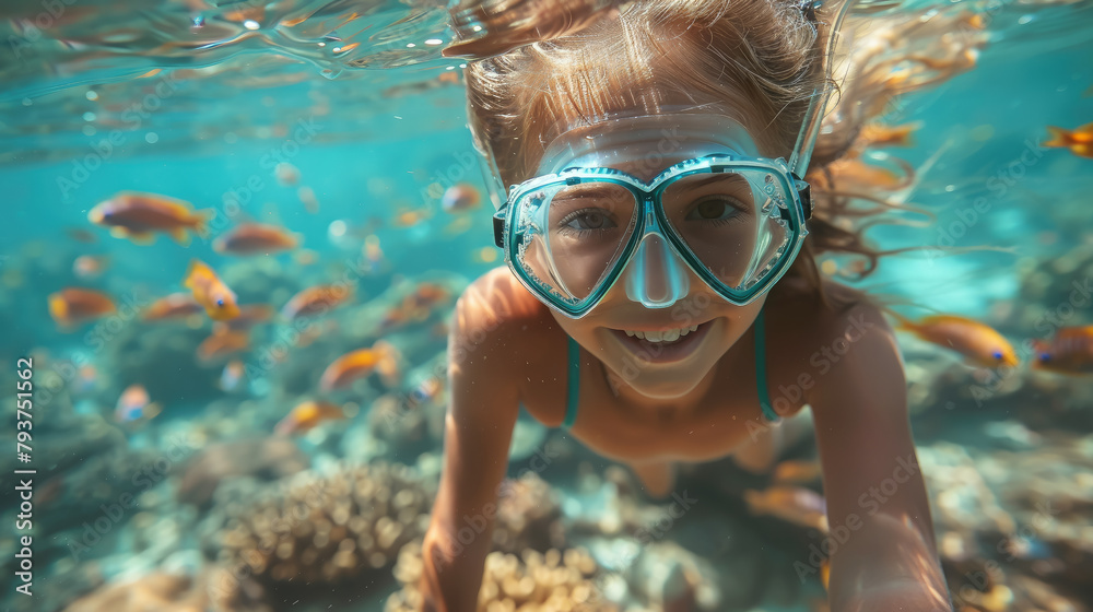 Fototapeta premium girl in a diving mask with a snorkel swims underwater, ocean, sea, marine, fish, water, woman, portrait, face, scuba, summer, sport, dive, vacation, blue water, world, head, coral reef, travel