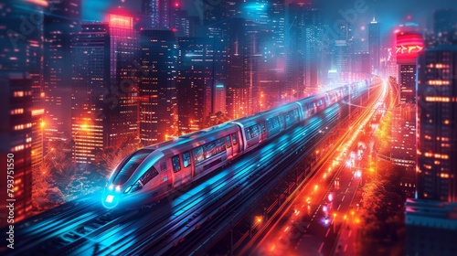 Futuristic train gliding through a lush cityscape: A blend of nature and modern transportation © Yusif