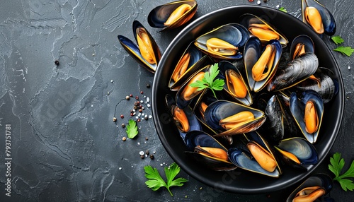 Succulent grilled mussels on elegant black platter authentic mediterranean cuisine