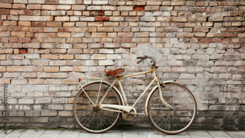 Vintage bicycle near brick wall. Space for text. Vintage style