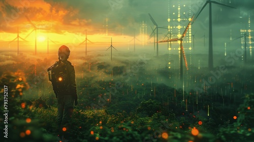 Adventurous man looking over a futuristic landscape with wind turbines at sunrise
