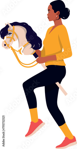 Athletic teenager sporting a hobbyhorse in a yellow tracksuit