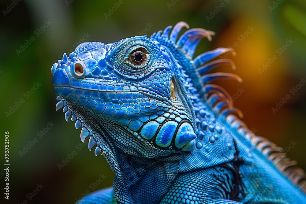 Fototapeta premium Blue Iguana: Basking in sunlight with vivid blue scales, symbolizing exotic beauty