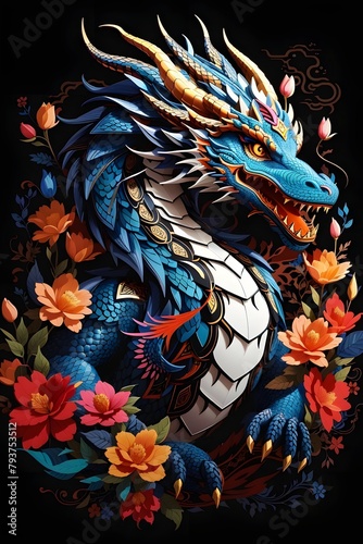 Floral Dragon Wallpaper, Chinese Dragon Design, Dragon tattoo design, Japanese dragon, Dragon Wall Art, Dragon T-Shirt Design, Fantasy Dragon Wallpaper, AI Generative