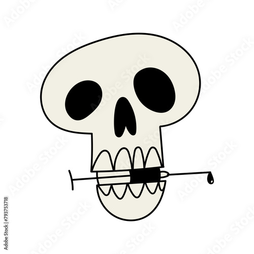 skull with syringe in mouth. No drugs concept. Hand drawn flat vector illustration isolated on white.