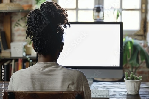 App mockup afro-american woman in her 20s in front of a computer with a completely white screen