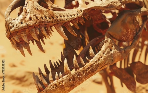 A detailed close-up of a tyrannosaur skull, with a focus on its formidable teeth and textured bone, against a sandy backdrop. 3d rendering element of predator dinosaur fossil.
