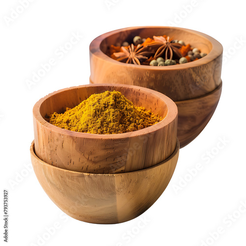 Powdered cooking spices. Spices in wooden containers for cooking or herbal medicine themes