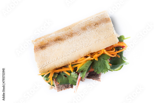 Vietnamese banh mi sandwich isolated on white background. Top view