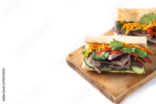 Vietnamese banh mi sandwich isolated on white background. Copy space