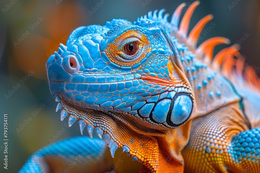 Fototapeta premium Blue Iguana: Basking in sunlight with vivid blue scales, symbolizing exotic beauty