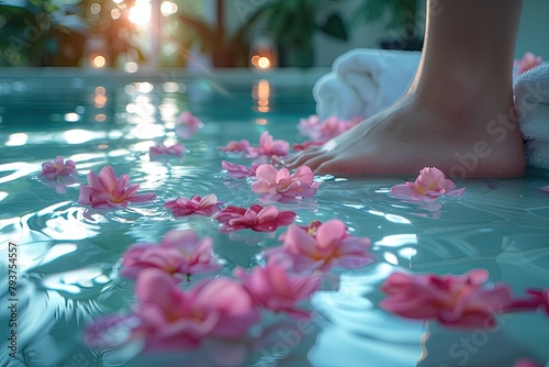 Woman indulges in blissful foot massage at luxurious spa salon, resort or hotel foot spa. Quiescent photo