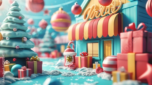 A cute cartoon christmas village made of pastel colored houses and shops with presents and christmas trees. photo