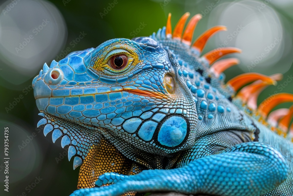 Fototapeta premium Blue Iguana: Basking in sunlight with vivid blue scales, symbolizing exotic beauty