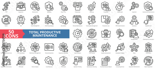 Total productive maintenance icon collection set. Containing equipment, break, reliability, time, inspection, efficiency, preventive icon. Simple line vector.