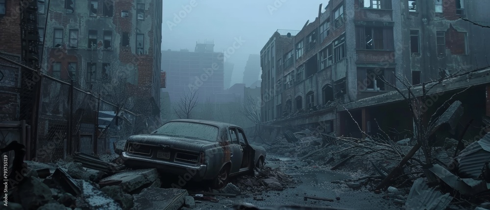 A forlorn scene showcasing an abandoned vehicle amidst a devastated urban landscape, under a gloomy, overcast sky.