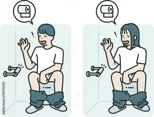 person sitting on a toilet bowl surprised by the lack of toilet paper © 정의 장