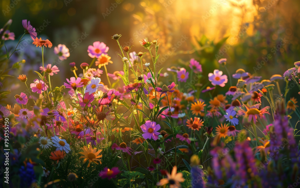 The evenings golden glow brings out the rich colors of wildflowers, creating a tapestry of pink and orange hues.